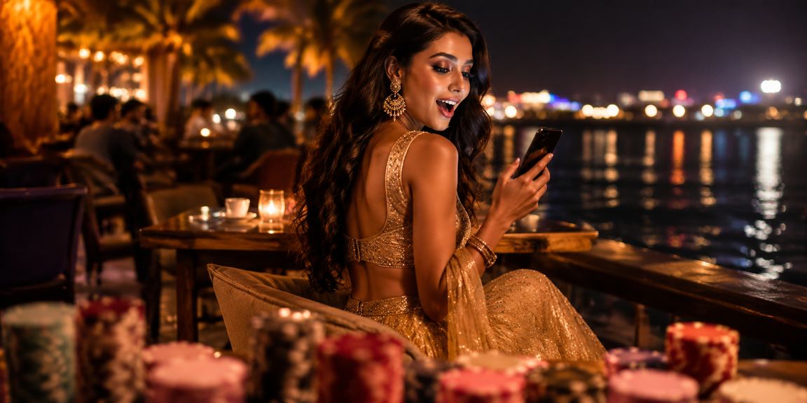 Young woman playing slots on mobile phone at Goa beach