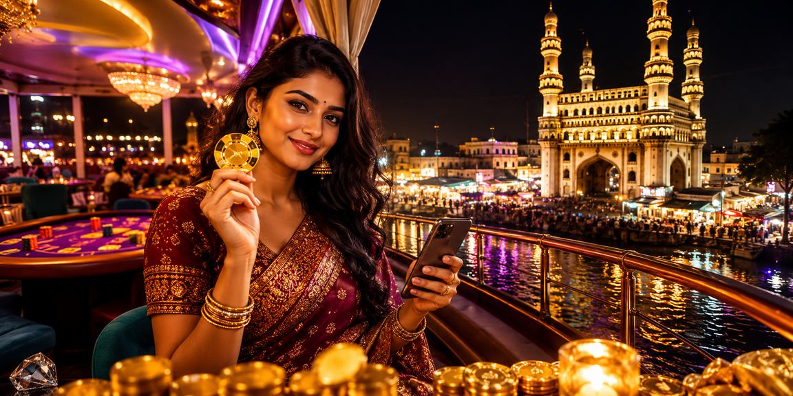 Mobile player enjoying Teen Patti in Hyderabad's night market